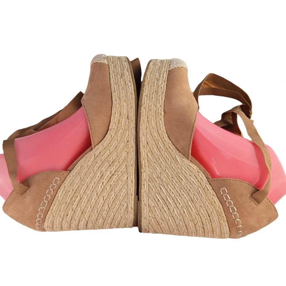Soda Womens 9 Tan Faux Suede Ribbon Tie Espadrille Wedge Sandals